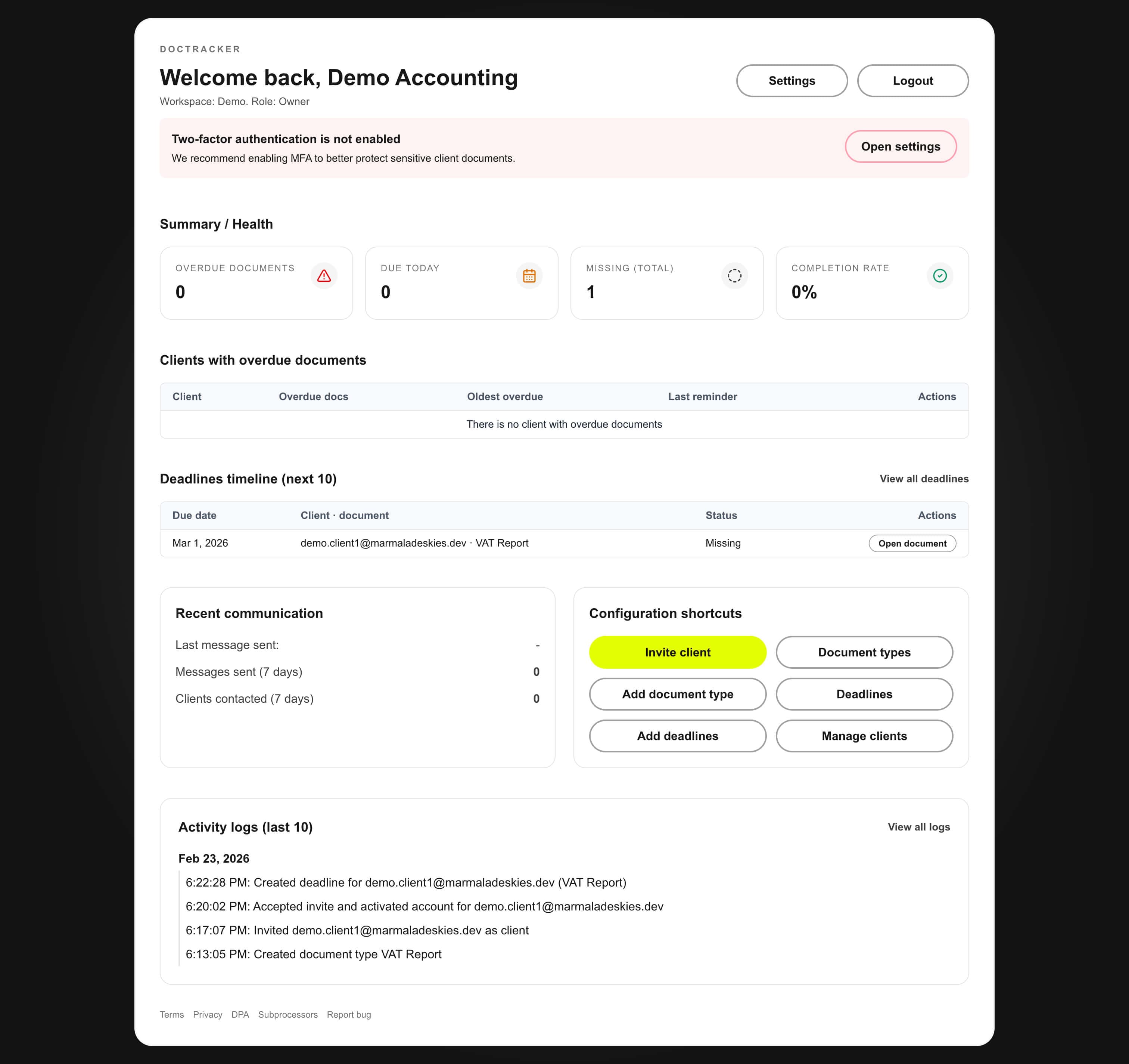DocTracker dashboard showing the list of document types and collection status