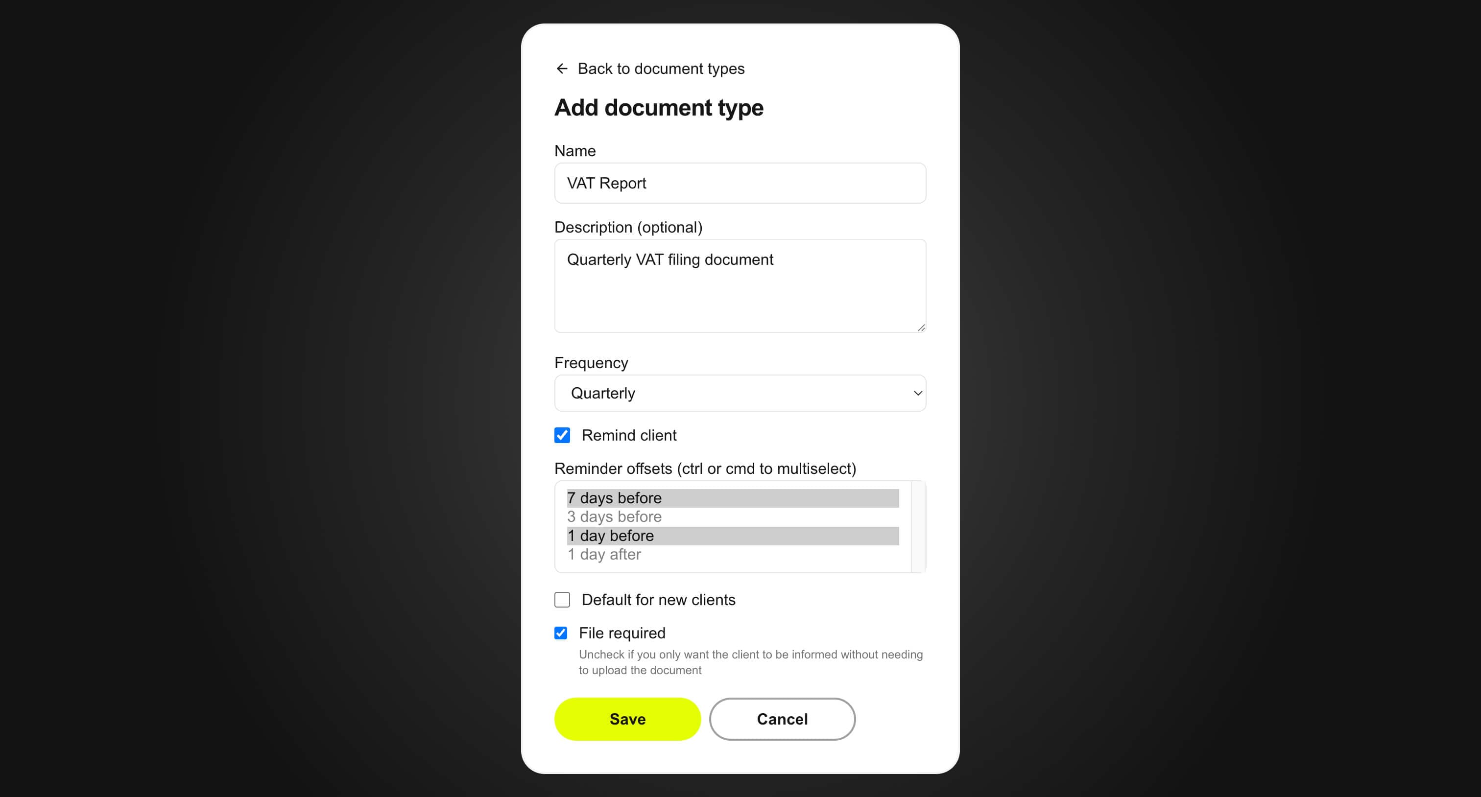 Form for creating a VAT Report document type in DocTracker
