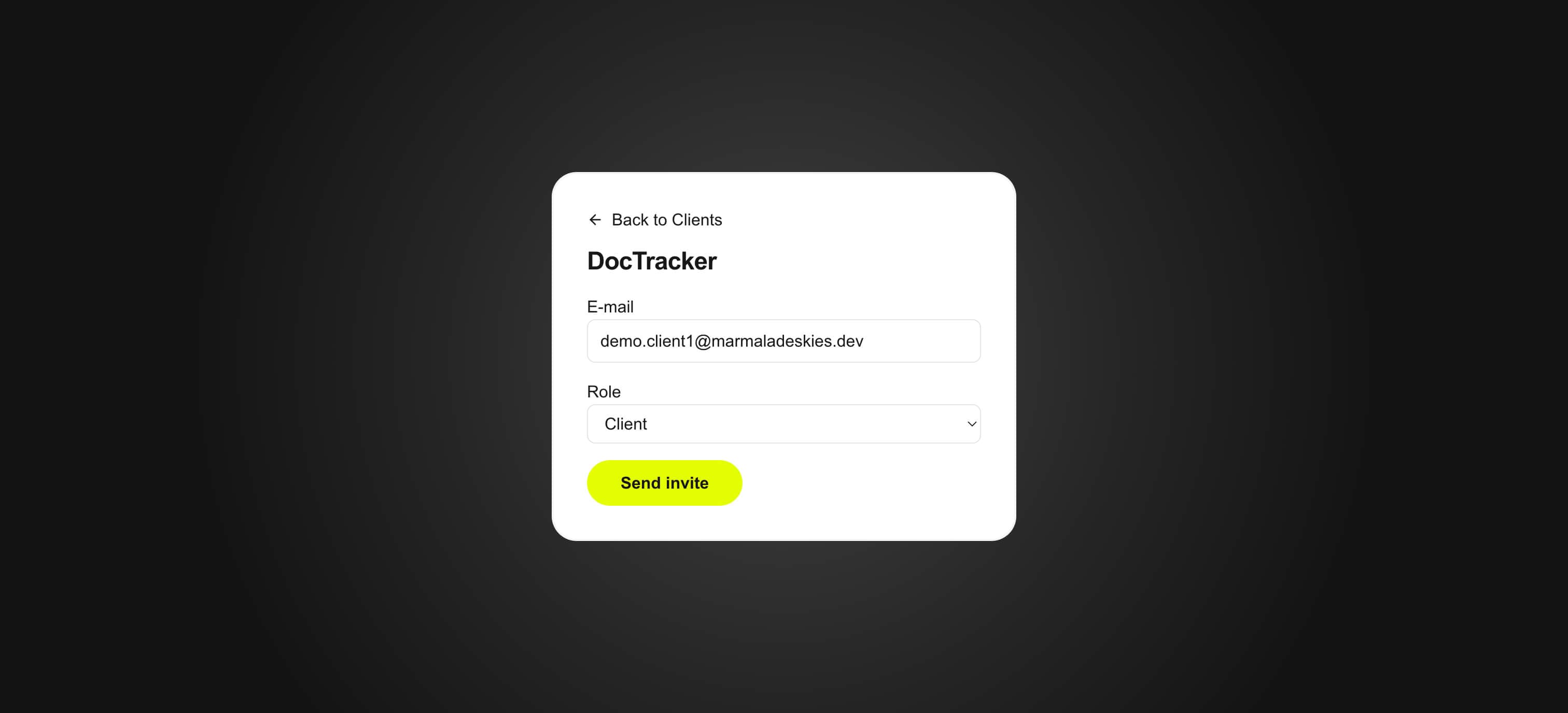 DocTracker screen for inviting a client to a workspace