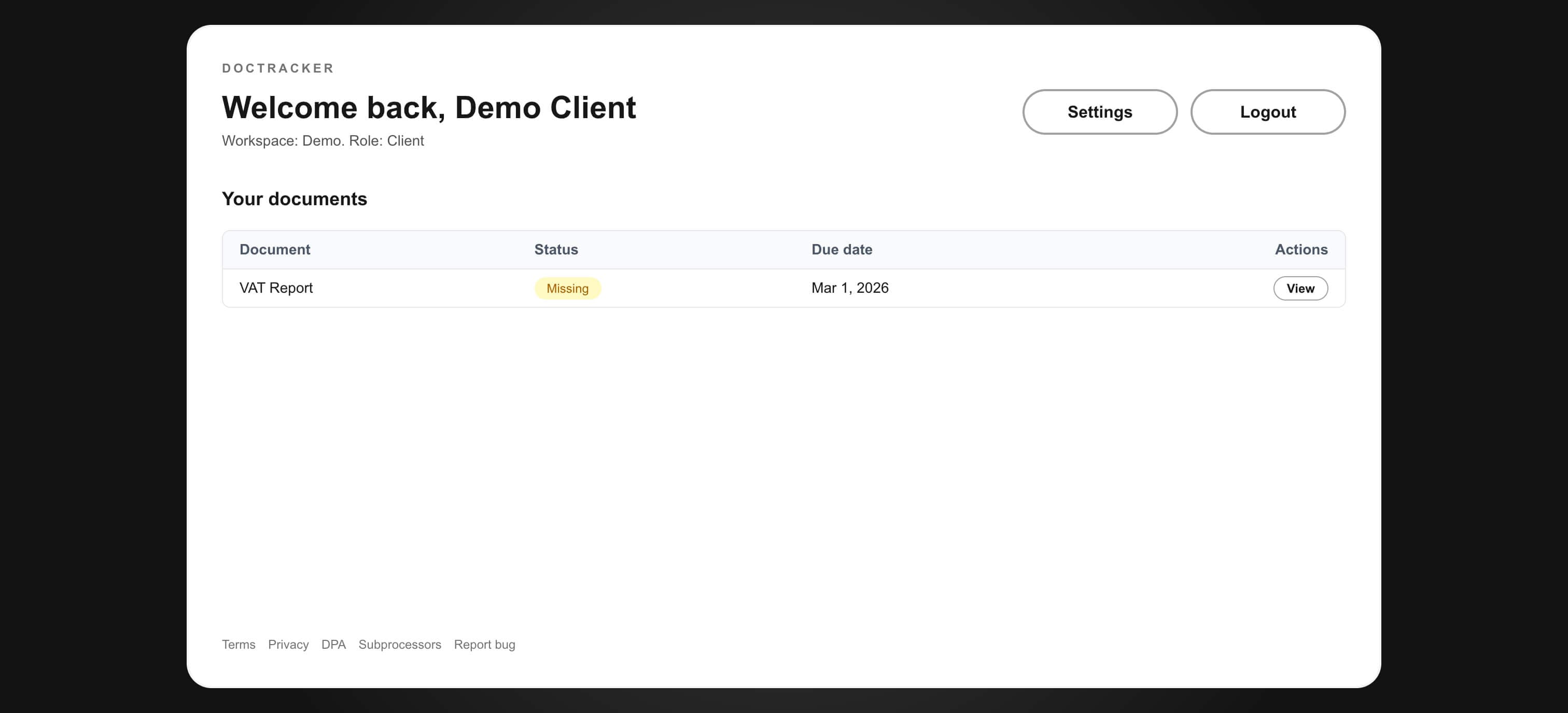 Owner and client dashboard highlighting missing documents and overall progress