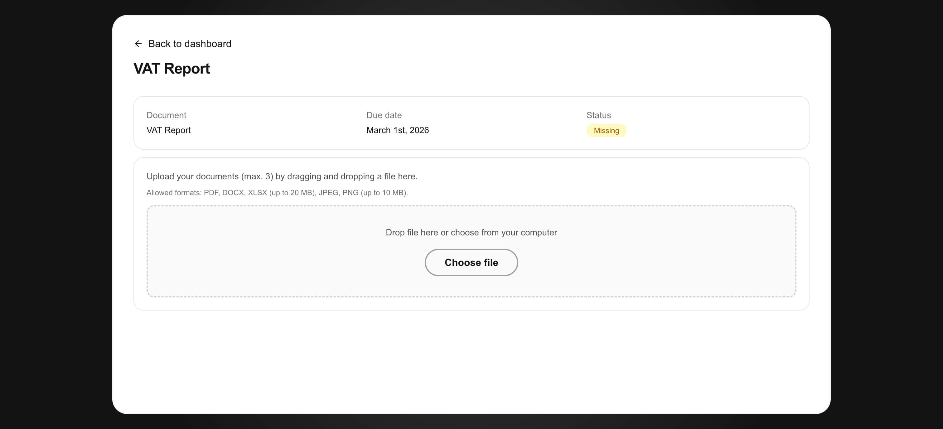 Client dashboard showing required documents and secure file upload action
